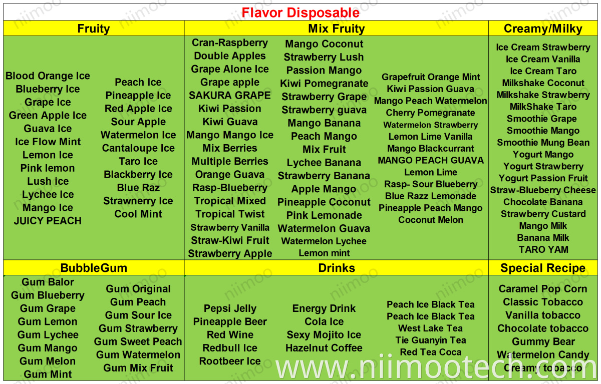 Niimoo E-Cigarette Flavor Style List